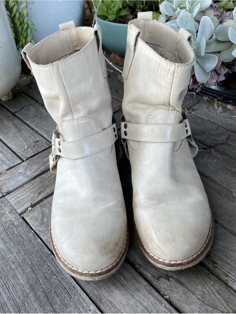 Women's Cream Leather Ankle Boots with Ring Harness - Picture 2 of 7